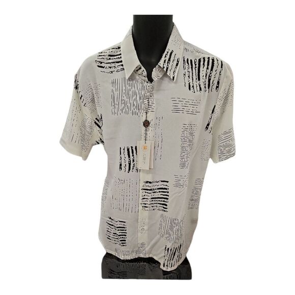 BAGAZIO MEN'S PURE WHITE/BLACK SHORT SLEEVE FASHION ABSTRACT SHIRT.BM2303. - Picture 2 of 9